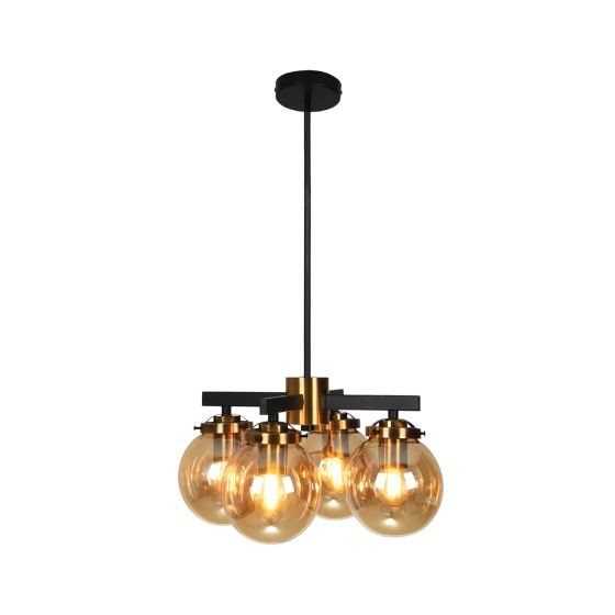 Pendant Fixture 4 Lights Black, Gold & Amber Brass “Henderson”