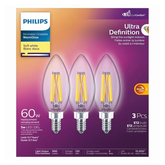 WarmGlow Ultra Definition LED E12 Candelabra Bulbs - 60 W - Soft White- 3/Pkg