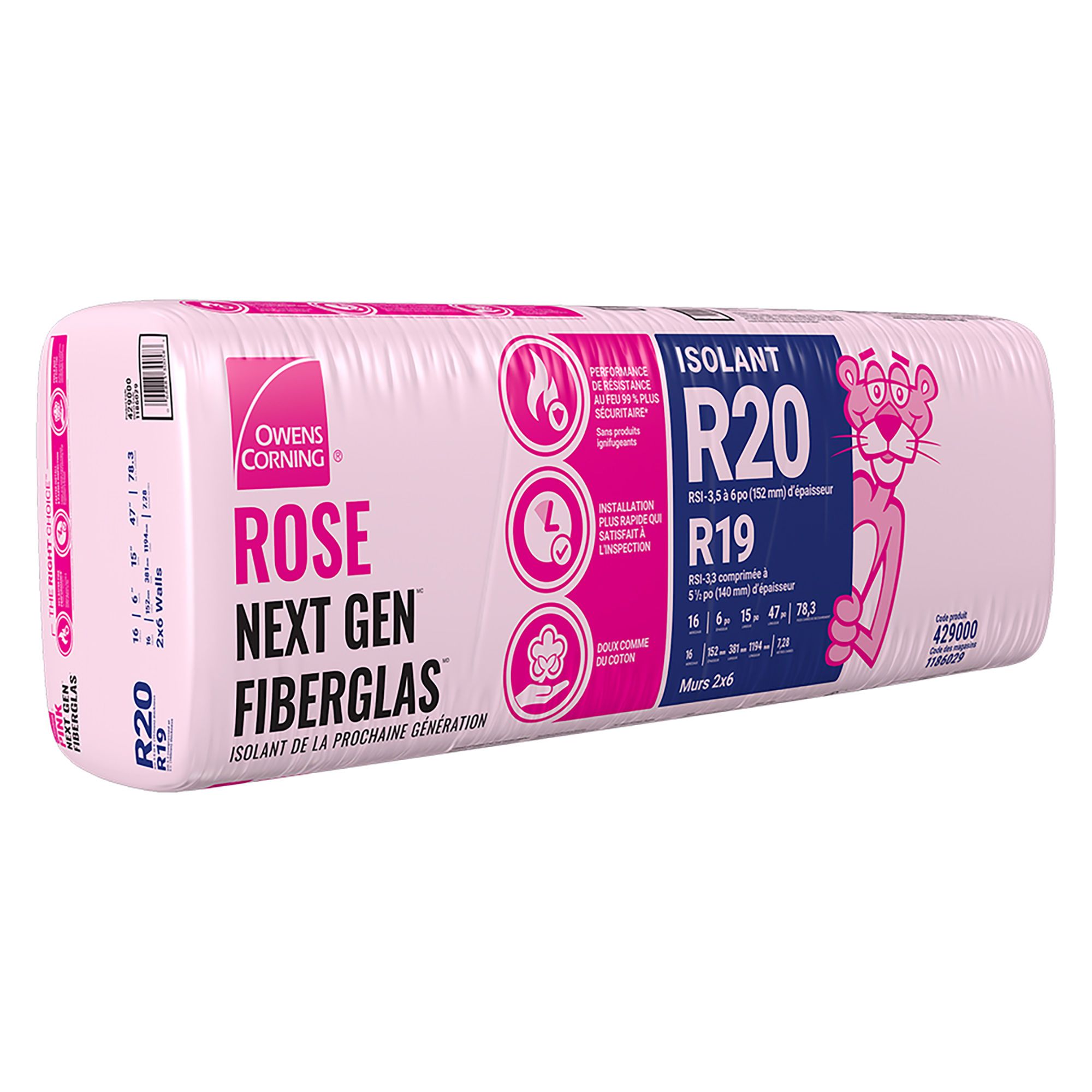 R-20 Pink Next Gen Fiberglas Insulation - 15" X 47" X 6" - Covers 78.3 ...