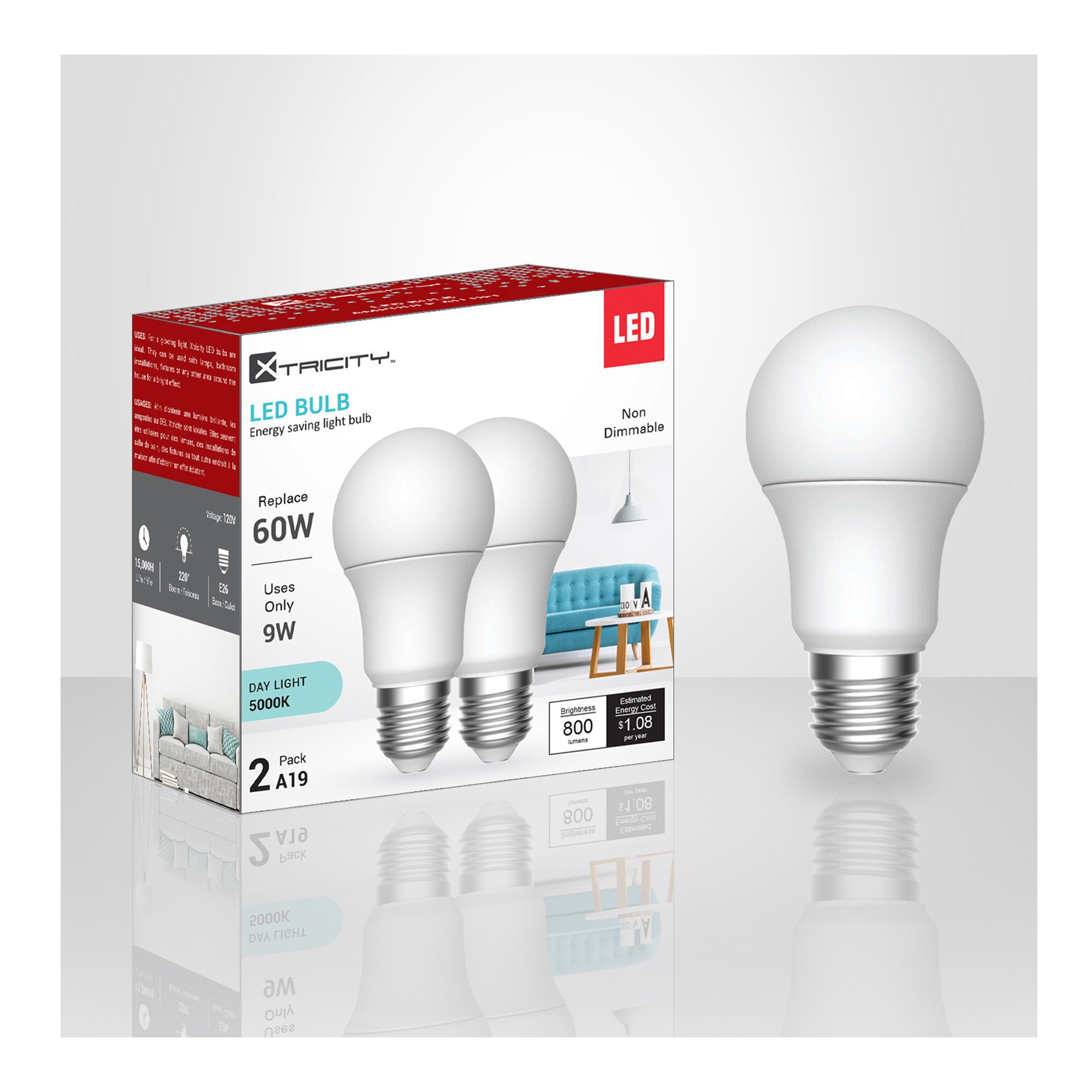 LED Lightbulbs - A19 - 9 W - Daylight - 2/Pkg From XTRICITY | BMR