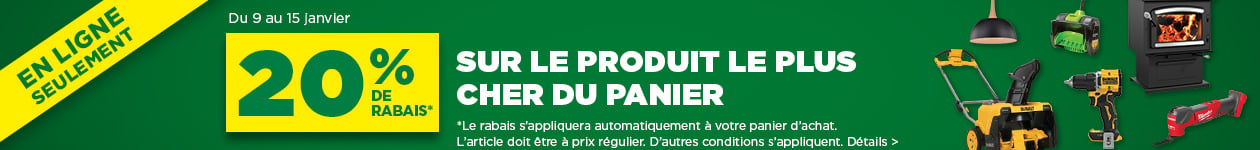 Profitez de 20% de réduction sur l'article le plus cher de votre panier ! Ne manquez pas cette offre exclusive pour économiser sur vos achats sur bmr.ca