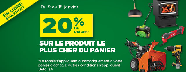 Profitez de 20% de réduction sur l'article le plus cher de votre panier ! Ne manquez pas cette offre exclusive pour économiser sur vos achats sur bmr.ca