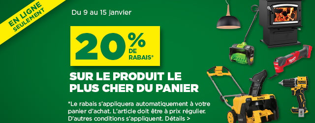 Profitez de 20% de réduction sur l'article le plus cher de votre panier ! Ne manquez pas cette offre exclusive pour économiser sur vos achats sur bmr.ca