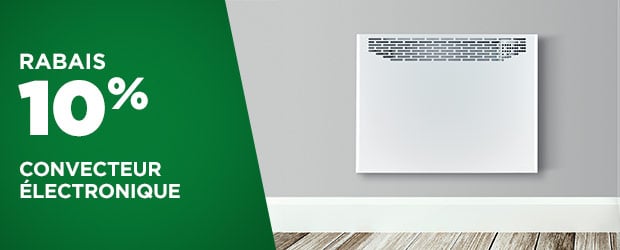 Profitez de 10% de réduction sur le convecteur électronique : Améliorez le confort de votre maison avec un convecteur électronique et bénéficiez d'une remise exceptionnelle de 10%. Ne manquez pas cette offre limitée pour un intérieur chaleureux!